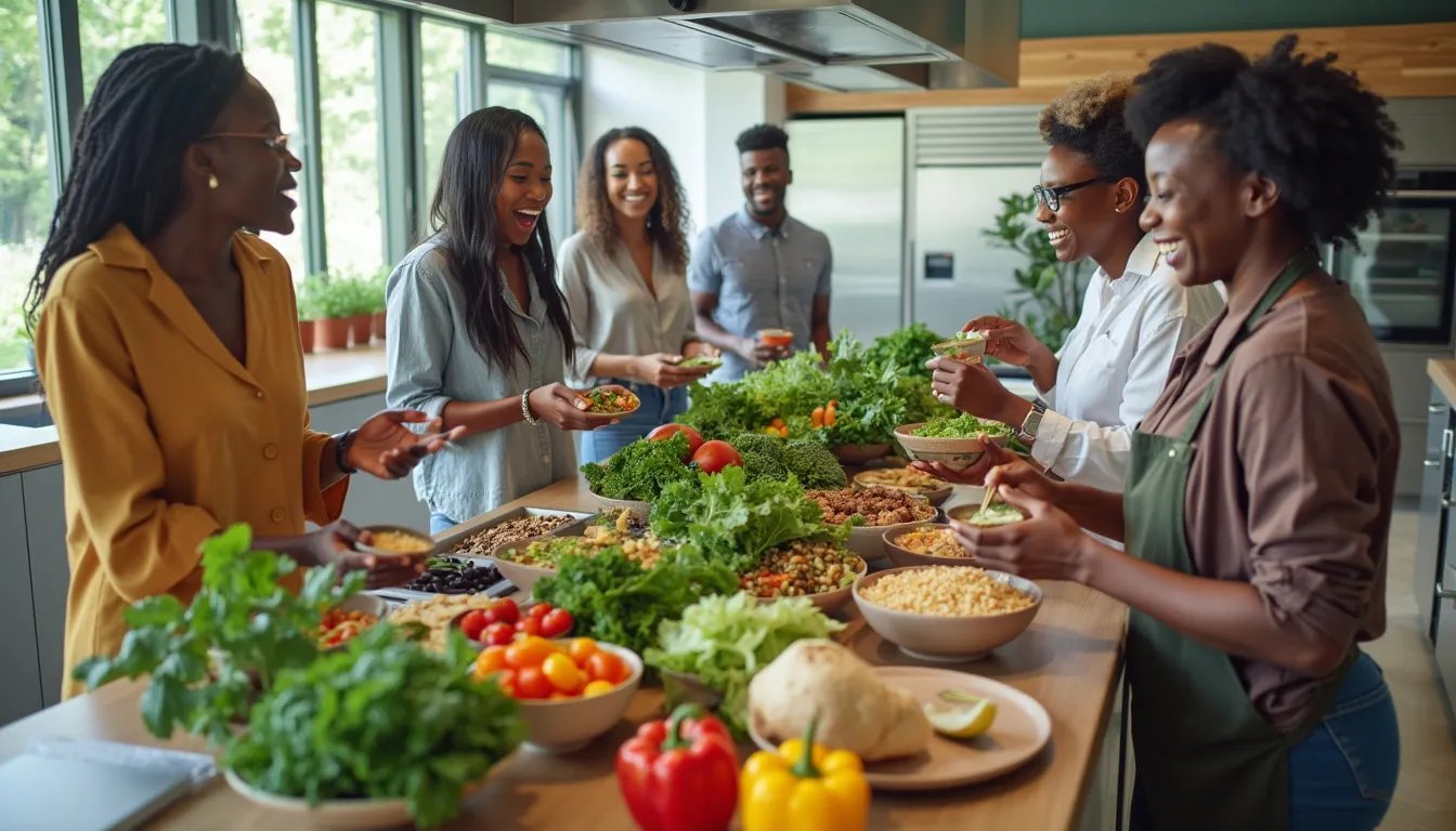 Group preparing and enjoying food
